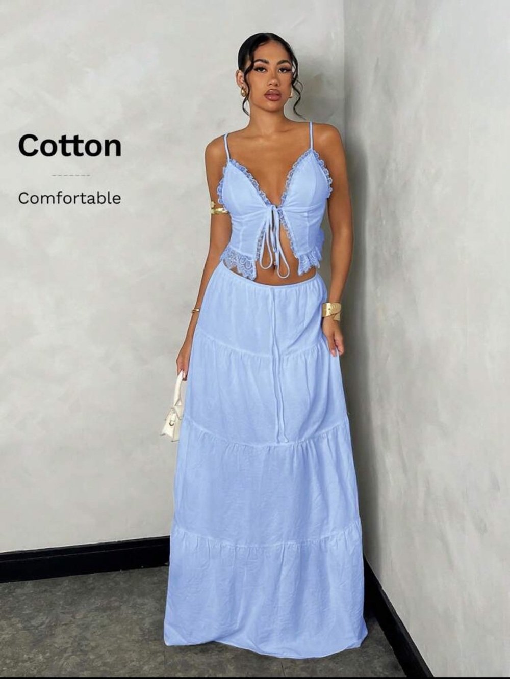 Light Blue Cotton Lace-Trim Crop Top & Maxi Skirt Set
